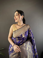 Joban Fashion Royal Blue Banarasi Soft Lichi Silk Floral and Zari Pattern Saree | Grocsy
