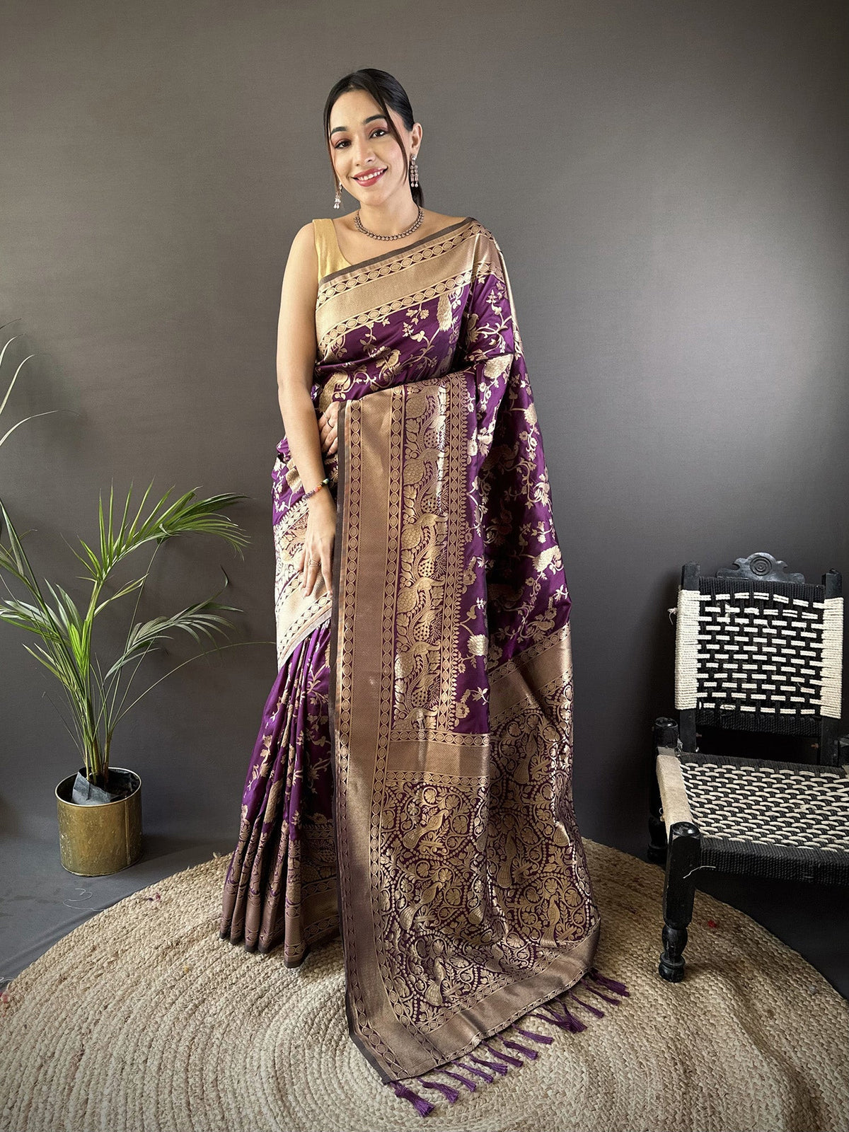 Joban Fashion Dark Purple Banarasi Soft Lichi Silk Floral and Zari Pattern Saree | Grocsy