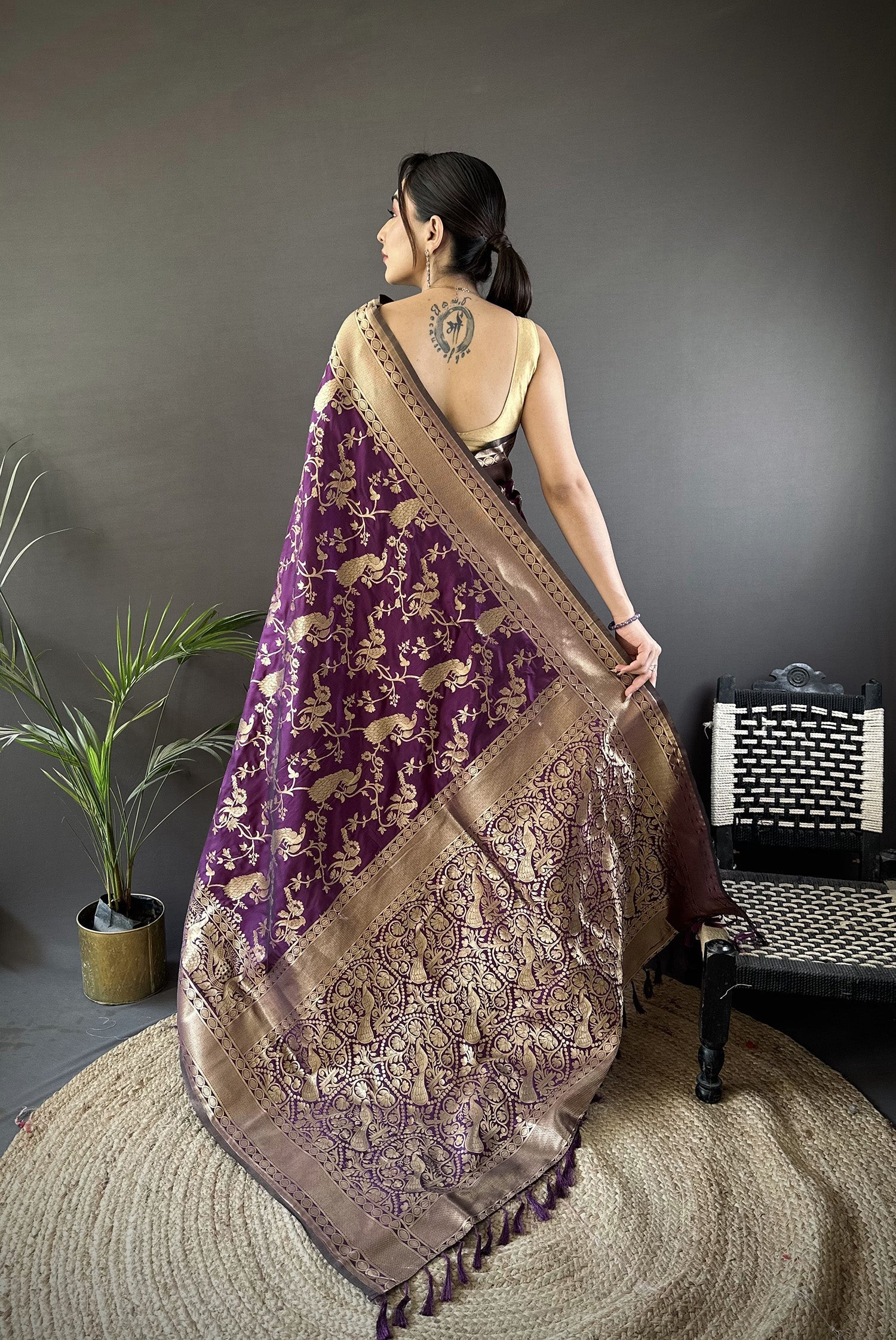 Joban Fashion Dark Purple Banarasi Soft Lichi Silk Floral and Zari Pattern Saree | Grocsy