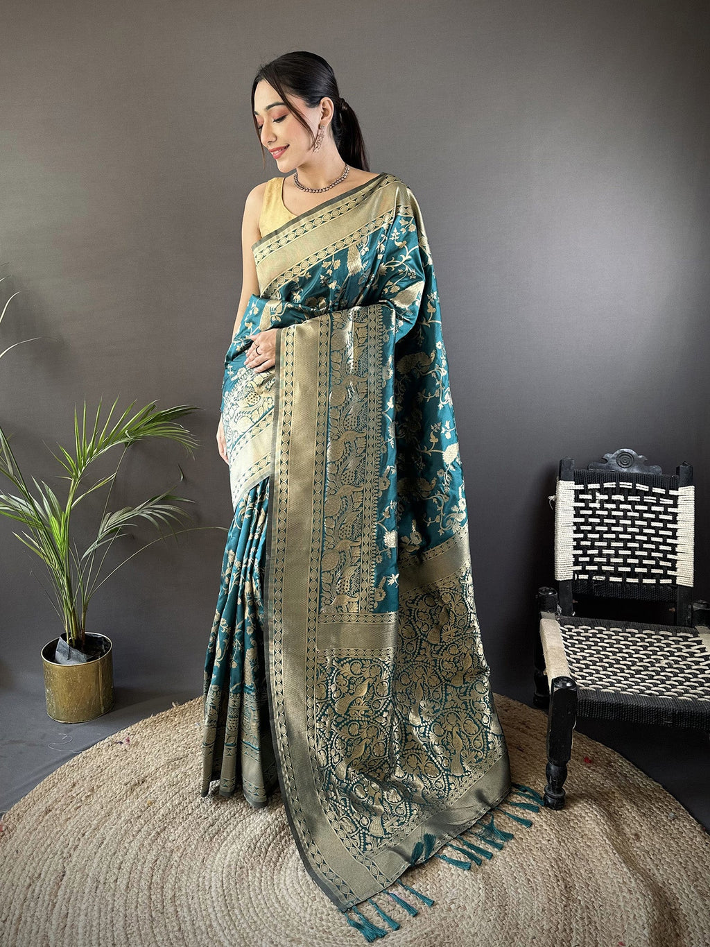 Joban Fashion Teal Blue Banarasi Soft Lichi Silk Floral and Zari Pattern Saree | Grocsy