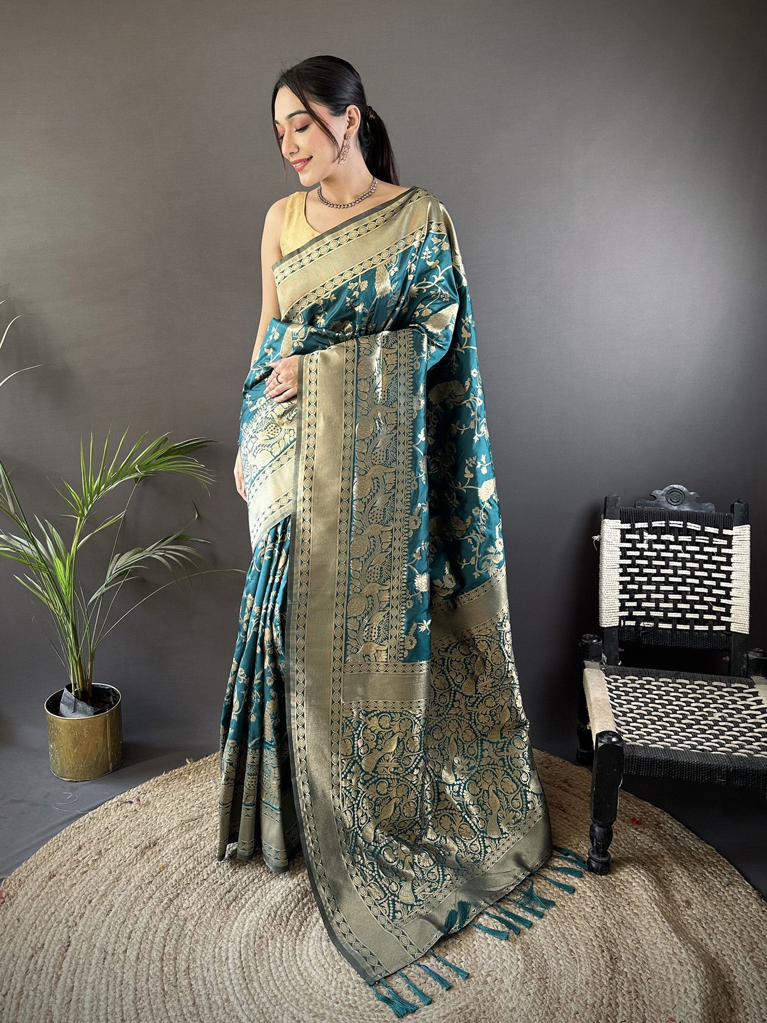 Joban Fashion Teal Blue Banarasi Soft Lichi Silk Floral and Zari Pattern Saree | Grocsy