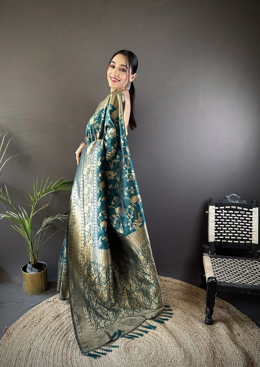 Joban Fashion Teal Blue Banarasi Soft Lichi Silk Floral and Zari Pattern Saree | Grocsy