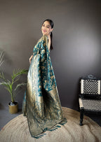 Joban Fashion Teal Blue Banarasi Soft Lichi Silk Floral and Zari Pattern Saree | Grocsy