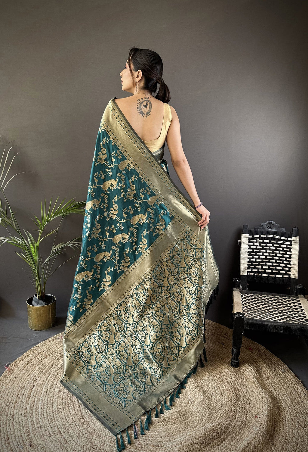 Joban Fashion Teal Blue Banarasi Soft Lichi Silk Floral and Zari Pattern Saree | Grocsy