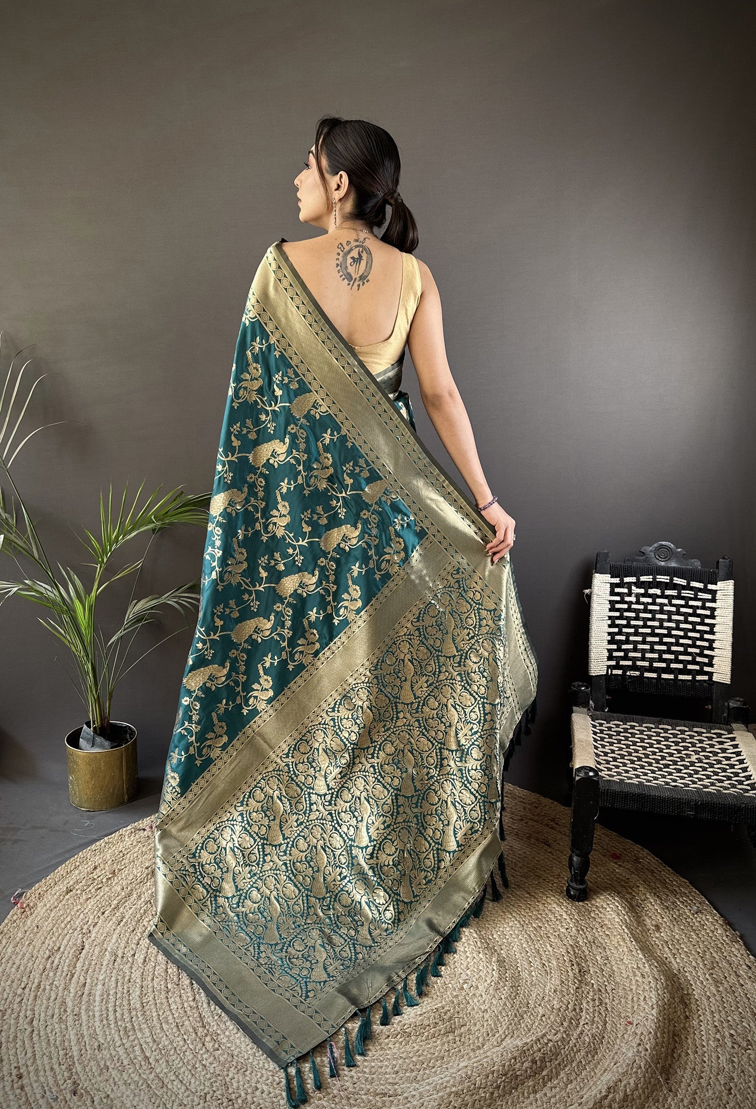 Joban Fashion Teal Blue Banarasi Soft Lichi Silk Floral and Zari Pattern Saree | Grocsy