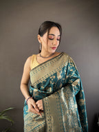 Joban Fashion Teal Blue Banarasi Soft Lichi Silk Floral and Zari Pattern Saree | Grocsy