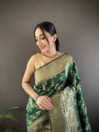Joban Fashion Dark Green Banarasi Soft Lichi Silk Floral and Zari Pattern Saree | Grocsy