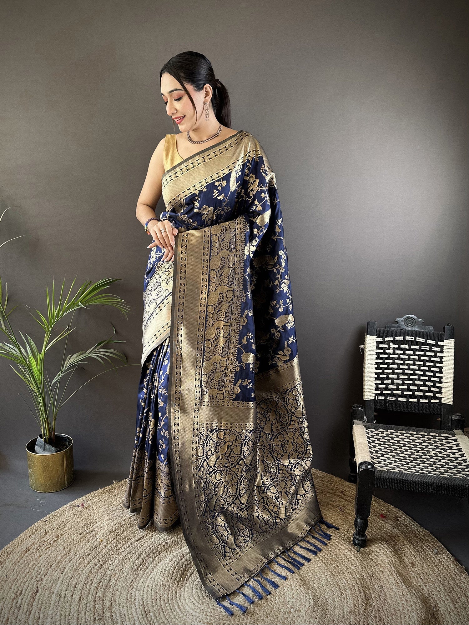 Joban Fashion Navy Blue Banarasi Soft Lichi Silk Floral and Zari Pattern Saree | Grocsy