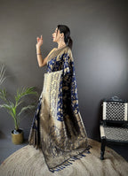 Joban Fashion Navy Blue Banarasi Soft Lichi Silk Floral and Zari Pattern Saree | Grocsy