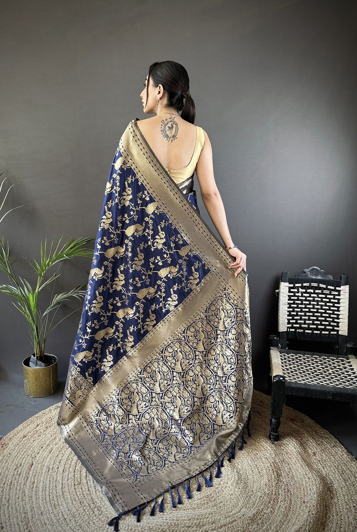 Joban Fashion Navy Blue Banarasi Soft Lichi Silk Floral and Zari Pattern Saree | Grocsy