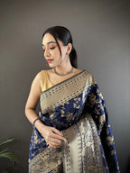 Joban Fashion Navy Blue Banarasi Soft Lichi Silk Floral and Zari Pattern Saree | Grocsy