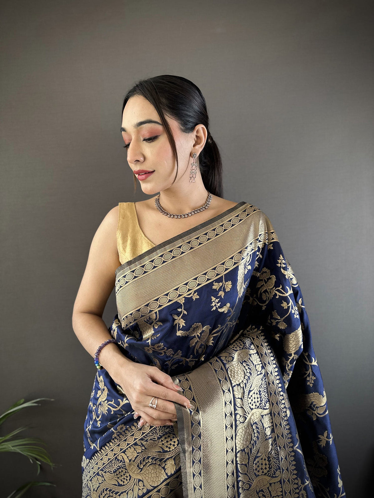 Joban Fashion Navy Blue Banarasi Soft Lichi Silk Floral and Zari Pattern Saree | Grocsy
