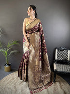 Joban Fashion Brown Banarasi Soft Lichi Silk Floral and Zari Pattern Saree | Grocsy