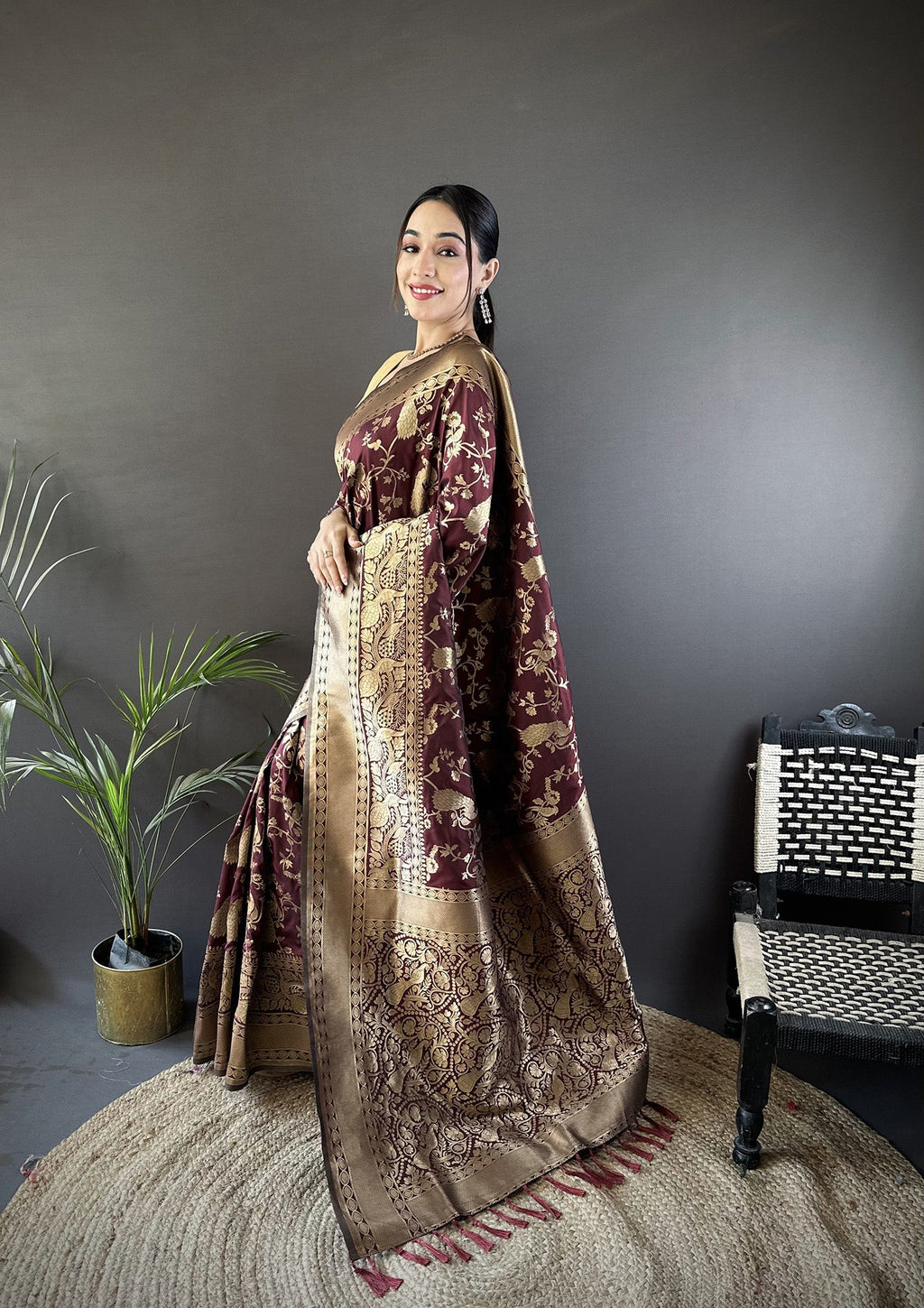 Joban Fashion Brown Banarasi Soft Lichi Silk Floral and Zari Pattern Saree | Grocsy