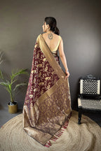 Joban Fashion Brown Banarasi Soft Lichi Silk Floral and Zari Pattern Saree | Grocsy