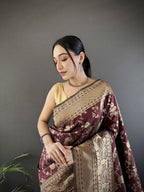 Joban Fashion Brown Banarasi Soft Lichi Silk Floral and Zari Pattern Saree | Grocsy