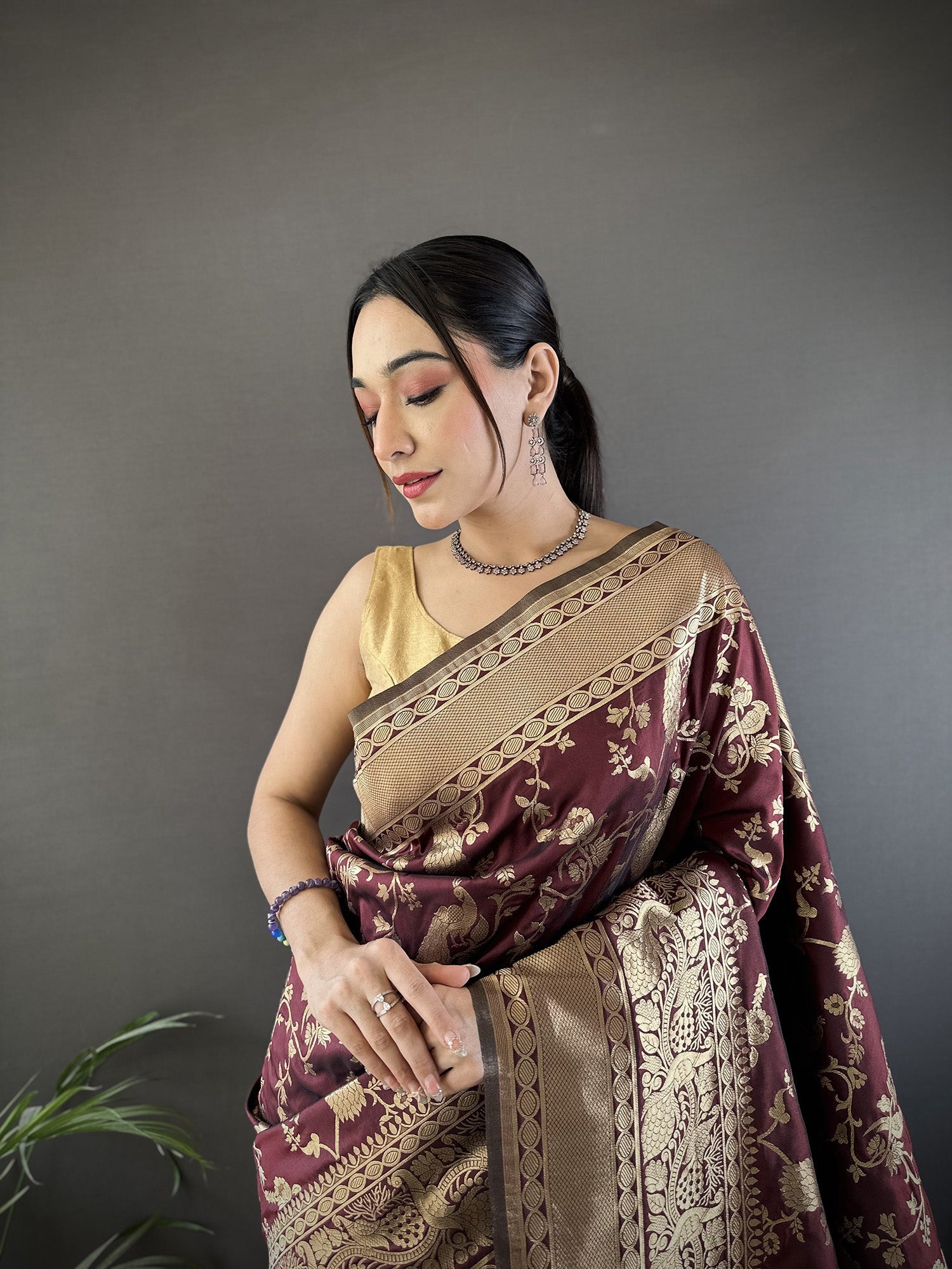 Joban Fashion Brown Banarasi Soft Lichi Silk Floral and Zari Pattern Saree | Grocsy