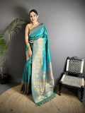 Joban Fashion Teal Green Soft Lichi Silk Multicolour Minakari Weaving Saree | Grocsy