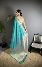 Joban Fashion Teal Green Soft Lichi Silk Multicolour Minakari Weaving Saree | Grocsy