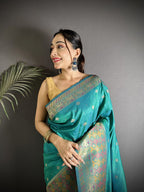 Joban Fashion Teal Green Soft Lichi Silk Multicolour Minakari Weaving Saree | Grocsy