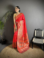 Joban Fashion Coral Red Soft Lichi Silk Multicolour Minakari Weaving Saree | Grocsy