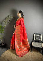 Joban Fashion Coral Red Soft Lichi Silk Multicolour Minakari Weaving Saree | Grocsy
