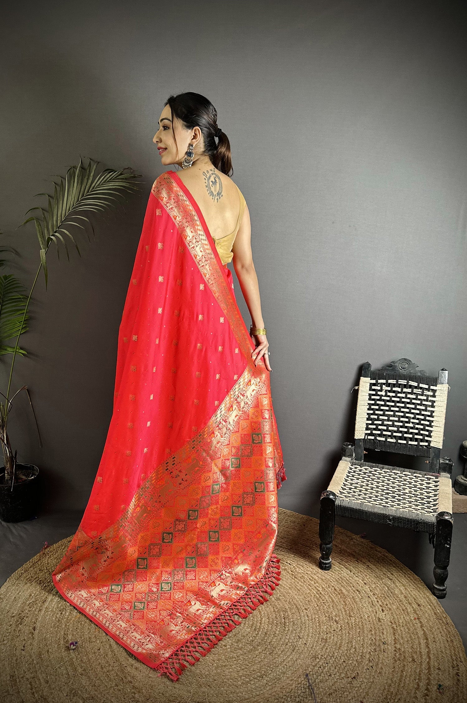 Joban Fashion Coral Red Soft Lichi Silk Multicolour Minakari Weaving Saree | Grocsy