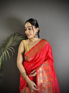 Joban Fashion Coral Red Soft Lichi Silk Multicolour Minakari Weaving Saree | Grocsy