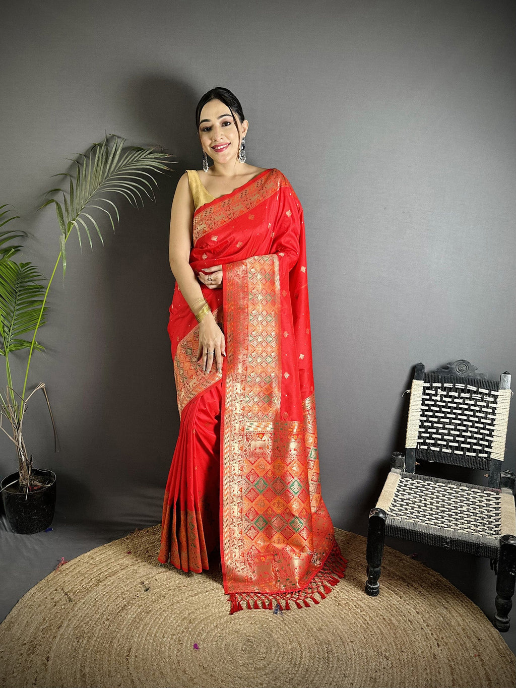 Joban Fashion Red Soft Lichi Silk Multicolour Minakari Weaving Saree | Grocsy