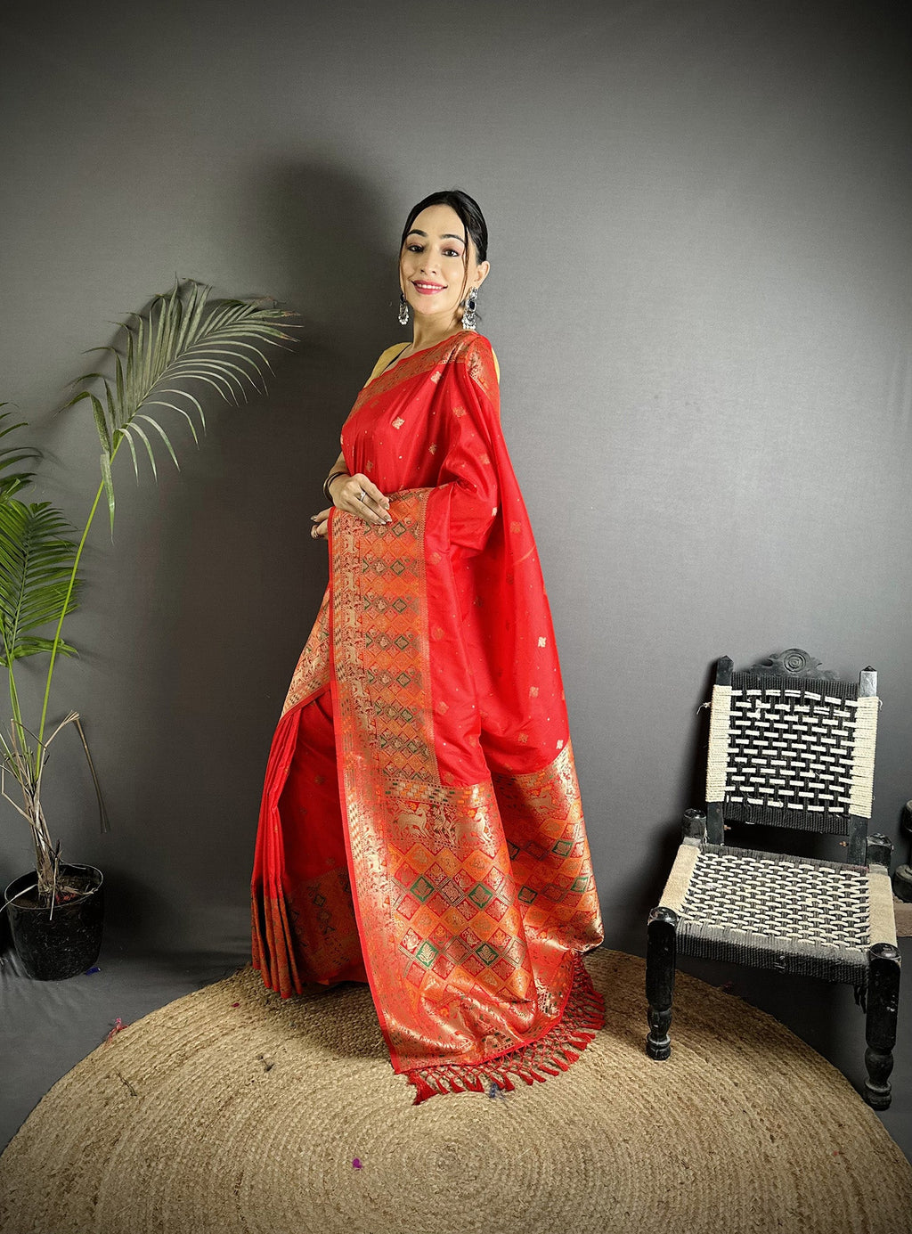 Joban Fashion Red Soft Lichi Silk Multicolour Minakari Weaving Saree | Grocsy