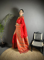 Joban Fashion Red Soft Lichi Silk Multicolour Minakari Weaving Saree | Grocsy