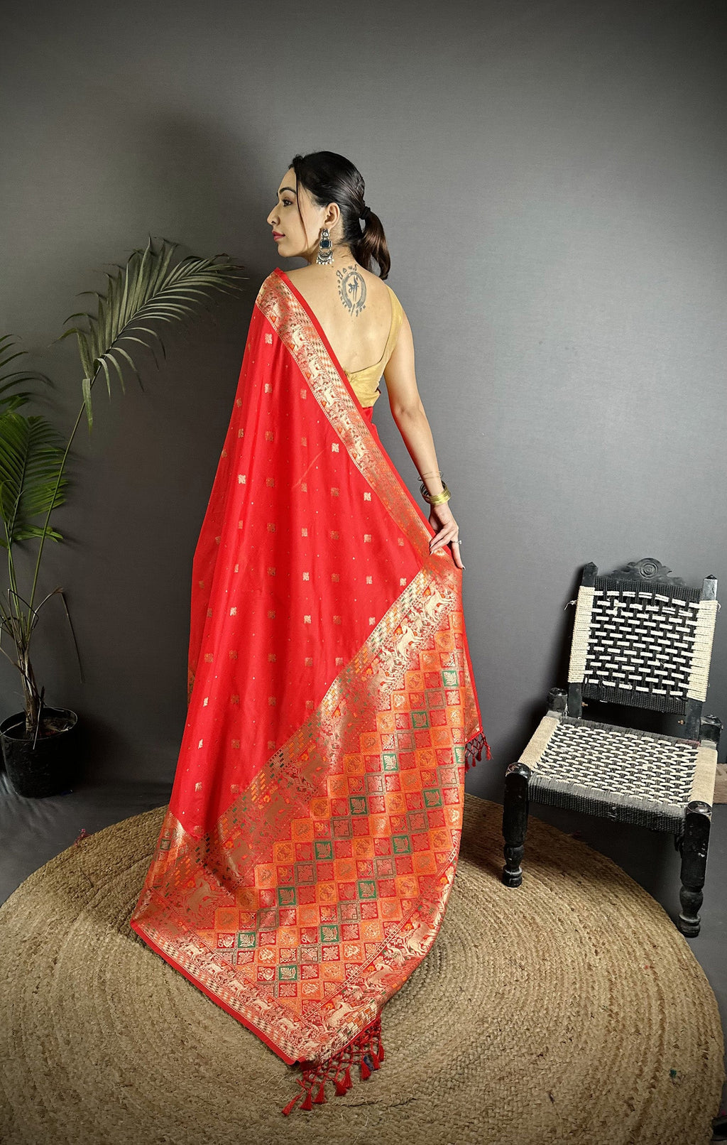 Joban Fashion Red Soft Lichi Silk Multicolour Minakari Weaving Saree | Grocsy