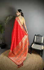 Joban Fashion Red Soft Lichi Silk Multicolour Minakari Weaving Saree | Grocsy