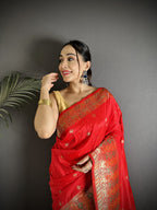 Joban Fashion Red Soft Lichi Silk Multicolour Minakari Weaving Saree | Grocsy