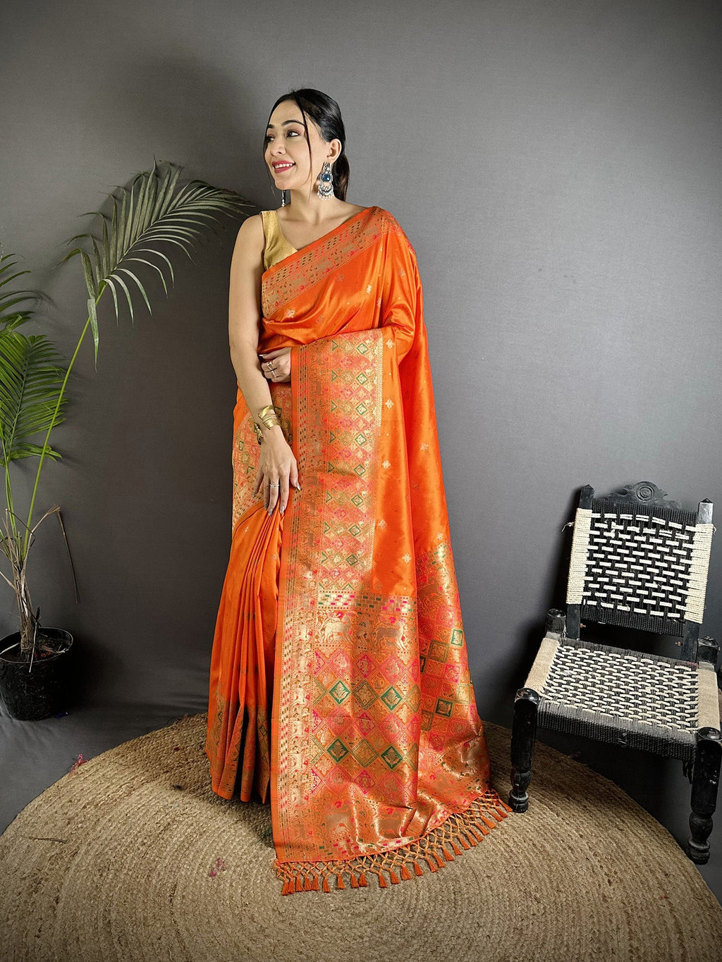Joban Fashion Orange Soft Lichi Silk Multicolour Minakari Weaving Saree | Grocsy