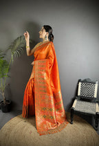 Joban Fashion Orange Soft Lichi Silk Multicolour Minakari Weaving Saree | Grocsy