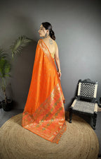 Joban Fashion Orange Soft Lichi Silk Multicolour Minakari Weaving Saree | Grocsy