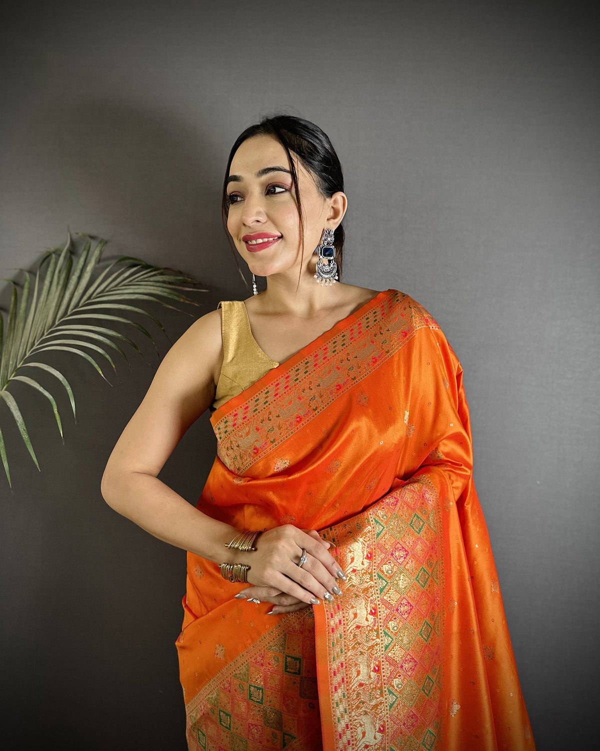 Joban Fashion Orange Soft Lichi Silk Multicolour Minakari Weaving Saree | Grocsy
