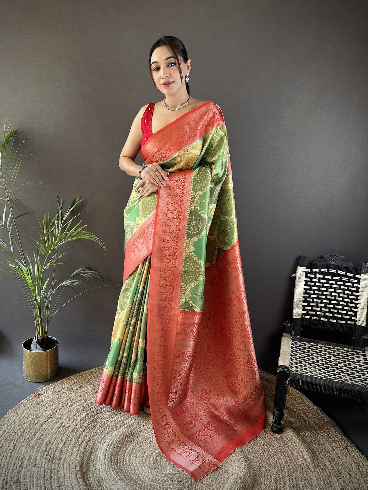 Joban Fashion Olive Green Soft Lichi Silk Rangcut Jacquard weave Saree | Grocsy