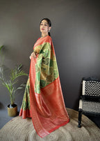 Joban Fashion Olive Green Soft Lichi Silk Rangcut Jacquard weave Saree | Grocsy