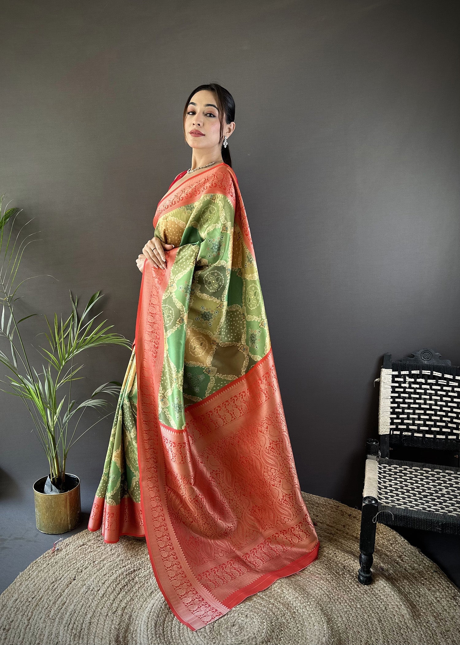 Joban Fashion Olive Green Soft Lichi Silk Rangcut Jacquard weave Saree | Grocsy