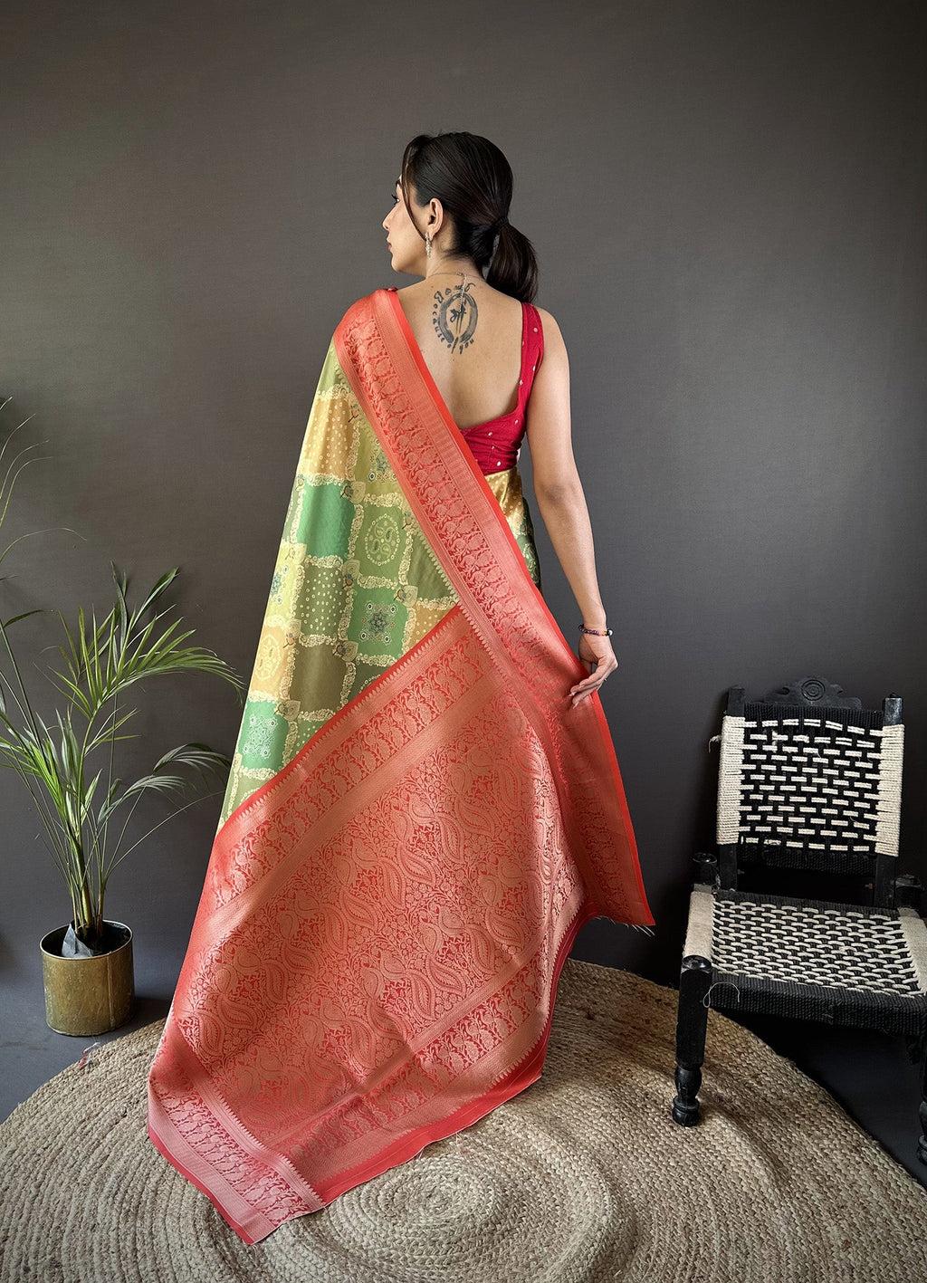 Joban Fashion Olive Green Soft Lichi Silk Rangcut Jacquard weave Saree | Grocsy
