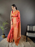 Joban Fashion Orange Soft Lichi Silk Rangcut Jacquard weave Saree | Grocsy