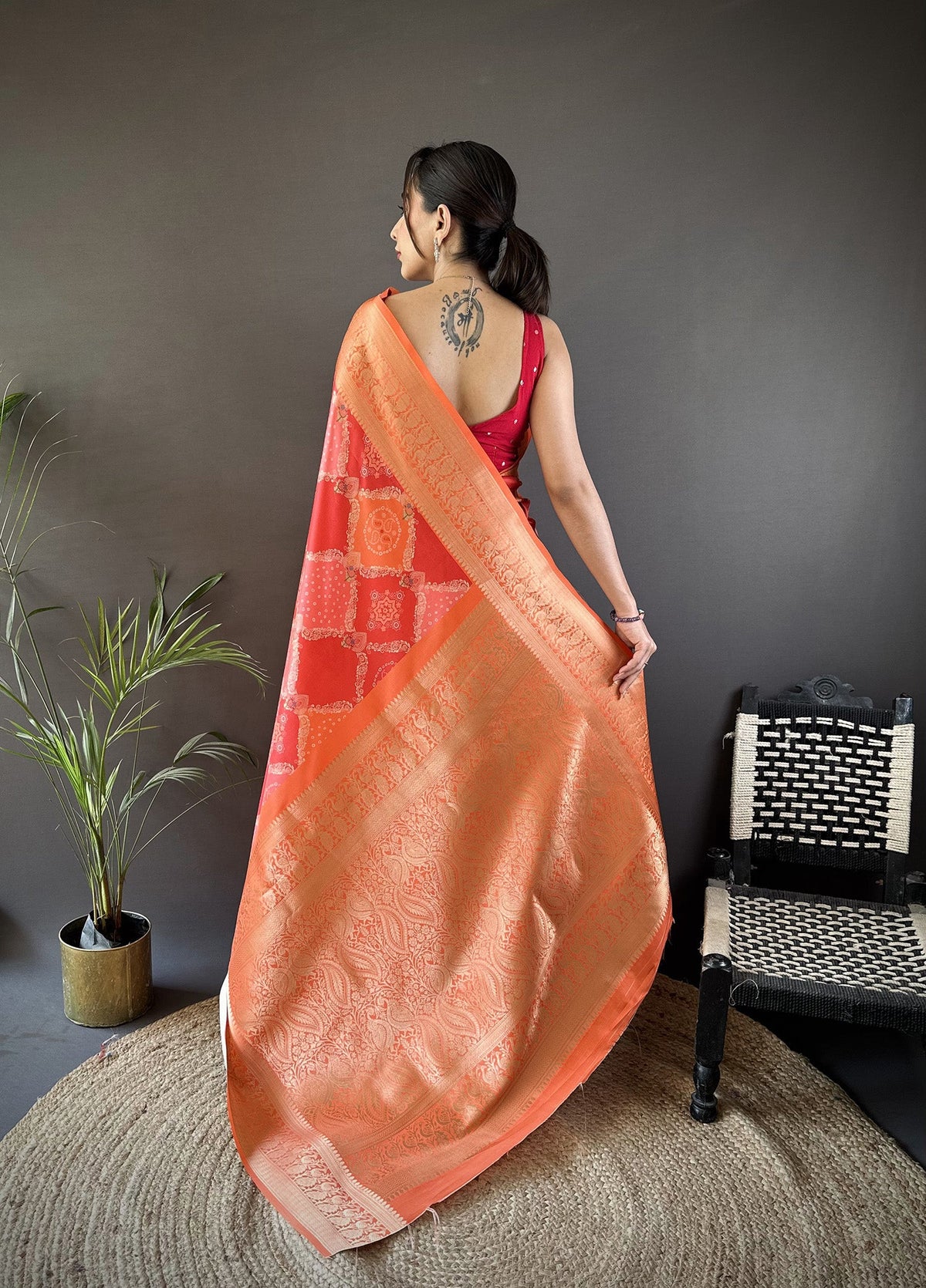 Joban Fashion Orange Soft Lichi Silk Rangcut Jacquard weave Saree | Grocsy