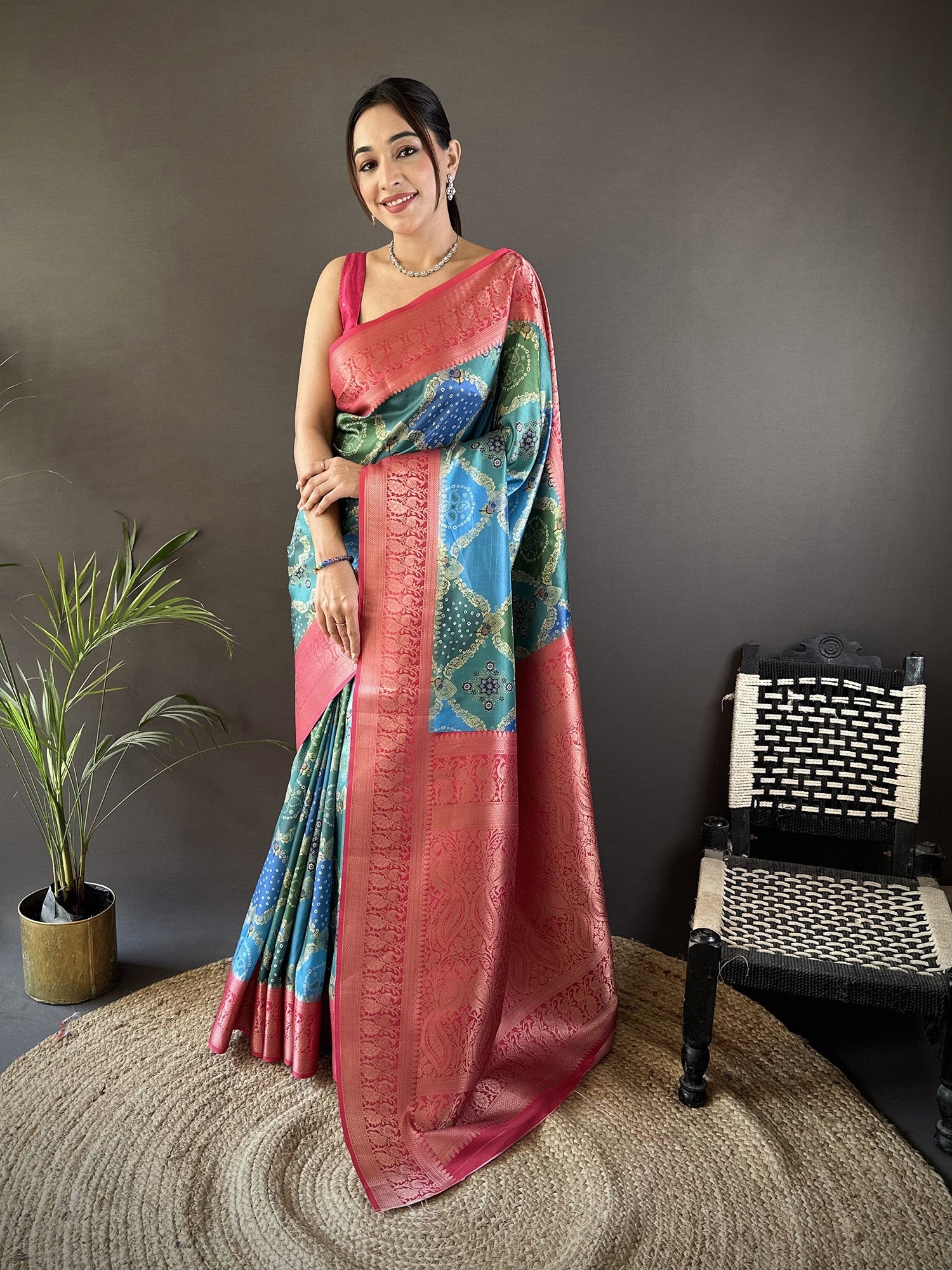 Joban Fashion Teal Soft Lichi Silk Rangcut Jacquard weave Saree | Grocsy