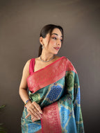 Joban Fashion Teal Soft Lichi Silk Rangcut Jacquard weave Saree | Grocsy