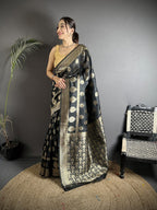 Joban Fashion Black Soft Banarasi Silk Jacquard Weaving Saree | Grocsy