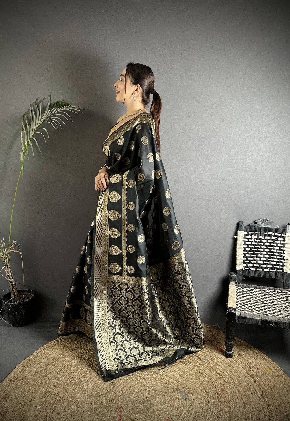 Joban Fashion Black Soft Banarasi Silk Jacquard Weaving Saree | Grocsy