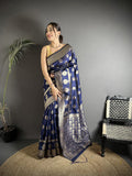 Joban Fashion Navy Blue Soft Banarasi Silk Jacquard Weaving Saree | Grocsy