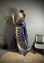 Joban Fashion Navy Blue Soft Banarasi Silk Jacquard Weaving Saree | Grocsy